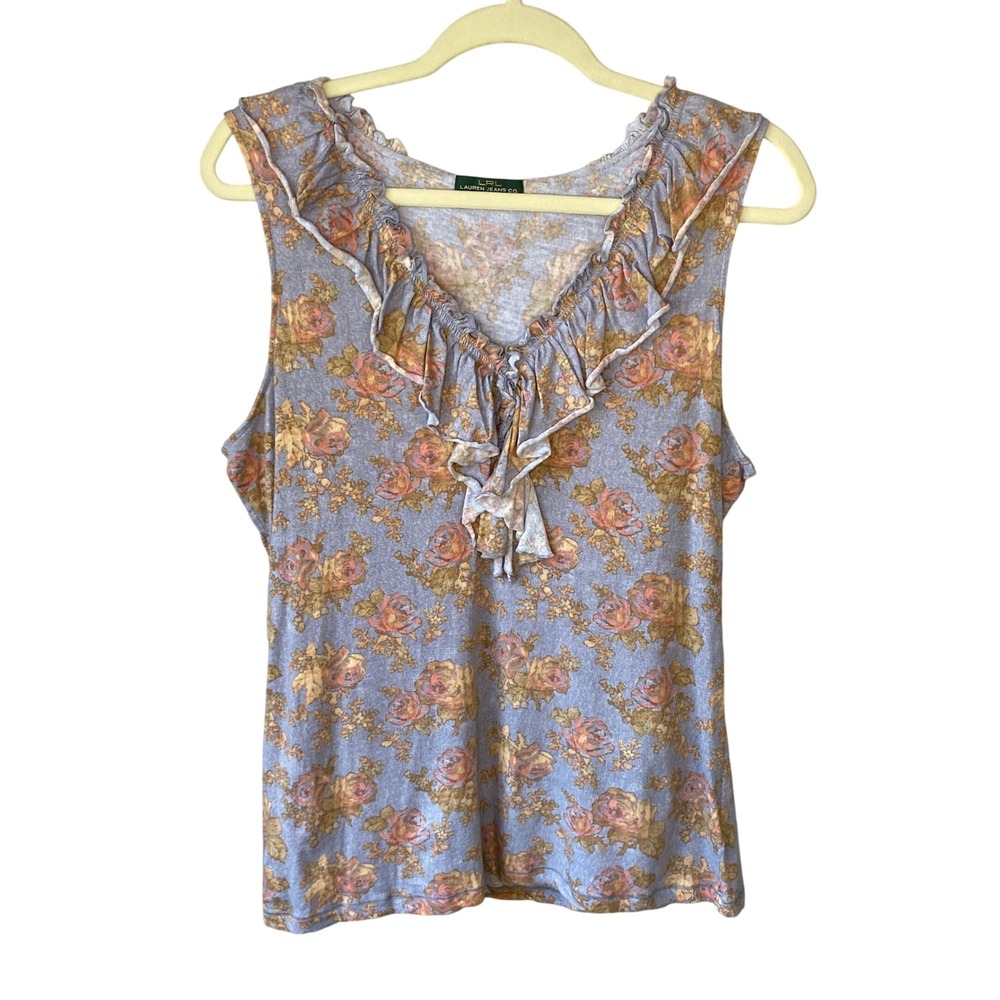 LRL Lauren Jeans Co Ralph Lauren Floral Ruffle V-Neck‎ Tank Top Blue Orange L